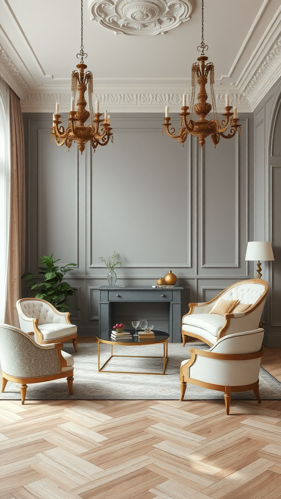 35 Stunning Ideas for a Rococo Party A stylish room with Rococo influences, featuring elegant chairs, a chandelier, and a modern coffee table.