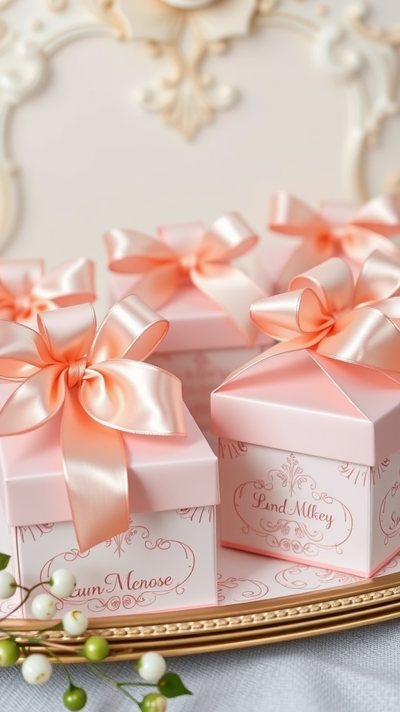 35 Rococo Wedding Inspiration Ideas That Will Make Your Heart Skip a Beat (Don't Miss #10!) Elegant pink wedding favor boxes with ribbons, reflecting Rococo style.