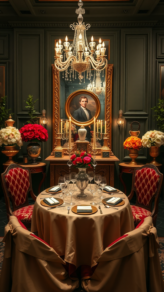 35 Stunning Ideas for a Rococo Party A luxurious dining table set for a Rococo-themed party, featuring a chandelier, floral arrangements, and elegant tableware.