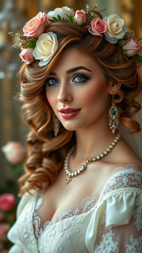 35 Rococo Wedding Inspiration Ideas That Will Make Your Heart Skip a Beat (Don't Miss #10!) Bride with flowing hair adorned with roses, wearing elegant makeup and jewelry