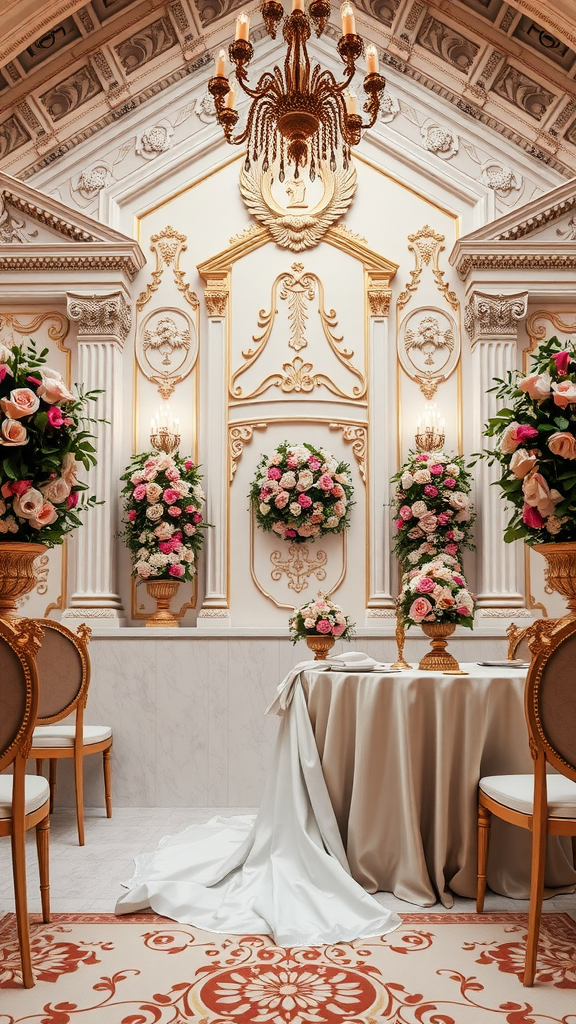35 Rococo Wedding Inspiration Ideas That Will Make Your Heart Skip a Beat (Don't Miss #10!) A lavish Rococo wedding setting with ornate decor, floral arrangements, and an elegant chandelier.
