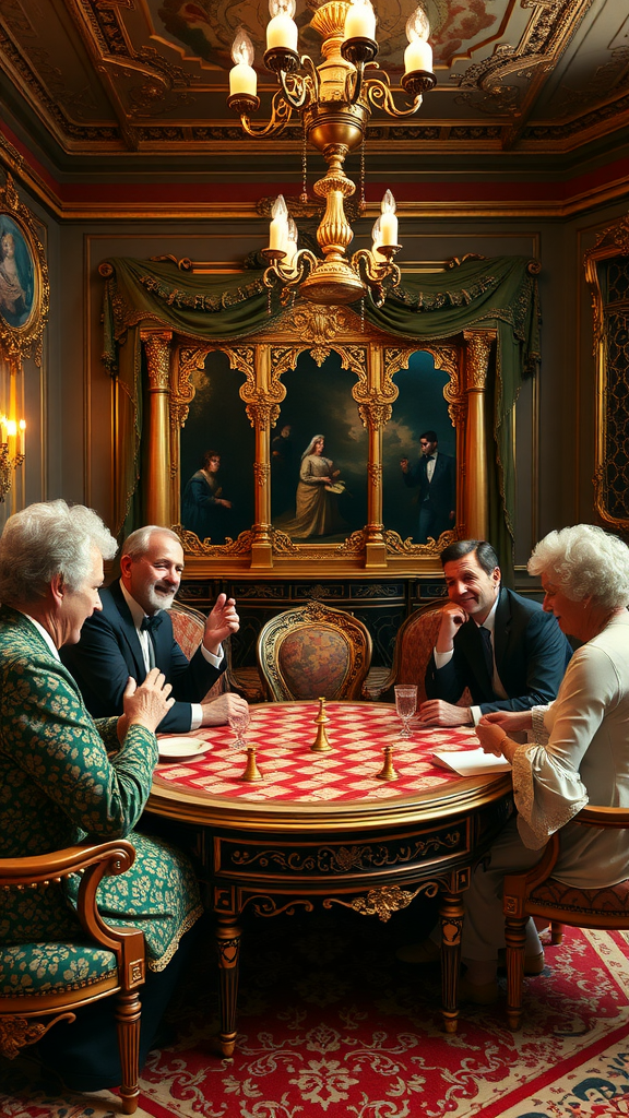 35 Stunning Ideas for a Rococo Party A group of four elegantly dressed people playing a game at a lavish Rococo-themed party, surrounded by ornate decor.