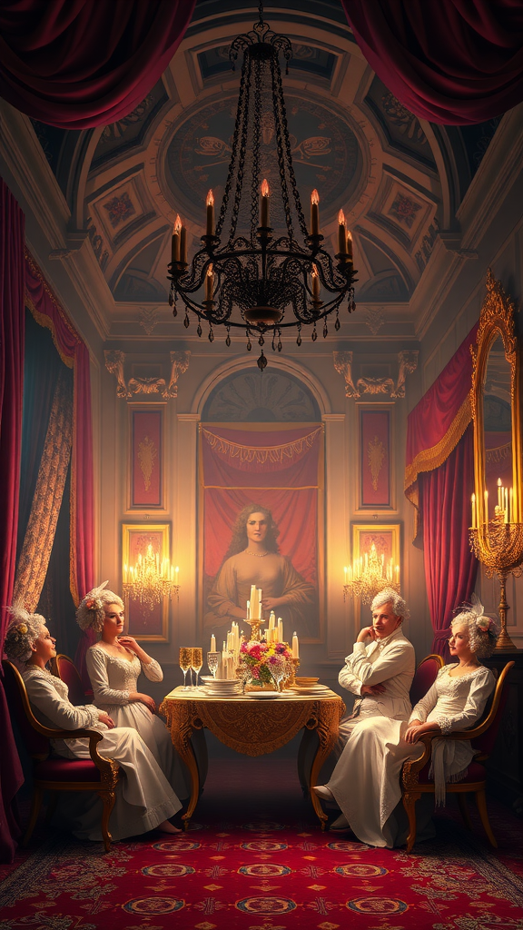 35 Stunning Ideas for a Rococo Party A lavish Rococo Party setting with elegant decor and figures in white attire.