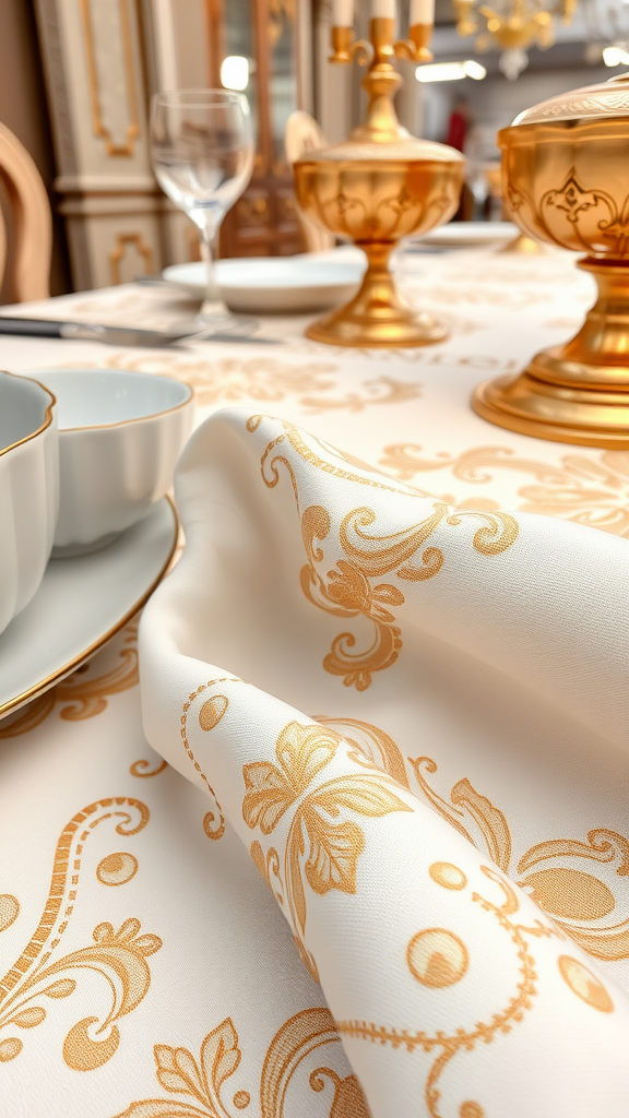35 Rococo Wedding Inspiration Ideas That Will Make Your Heart Skip a Beat (Don't Miss #10!) Elegant table setting featuring Rococo patterned linens in cream and gold.