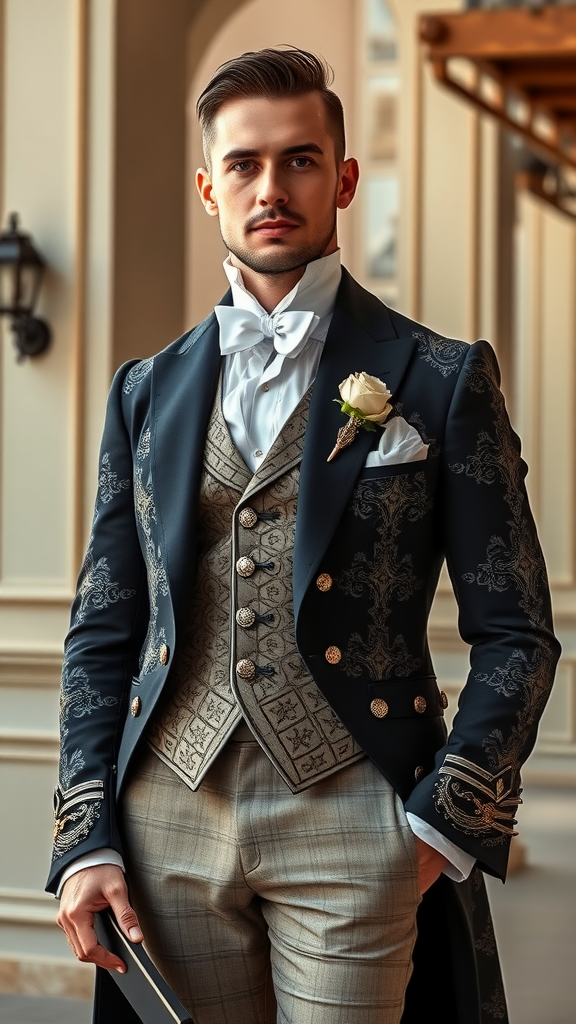 35 Rococo Wedding Inspiration Ideas That Will Make Your Heart Skip a Beat (Don't Miss #10!) A groom in a Rococo style outfit featuring an embroidered jacket, waistcoat, and bow tie, standing elegantly.
