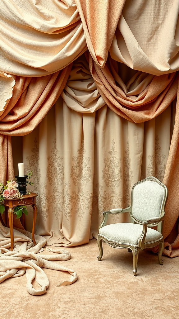 35 Rococo Wedding Inspiration Ideas That Will Make Your Heart Skip a Beat (Don't Miss #10!) A Rococo wedding decor featuring draped fabrics in cream and peach, an ornate chair, and floral arrangements.