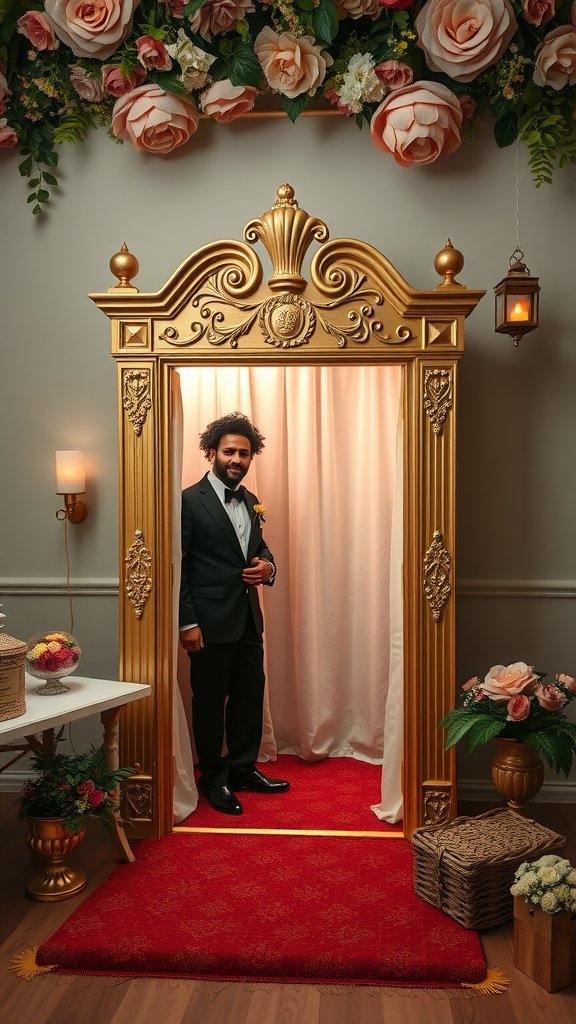 35 Stunning Ideas for a Rococo Party A beautifully decorated Rococo themed photo booth with a golden frame, red carpet, and floral arrangements.