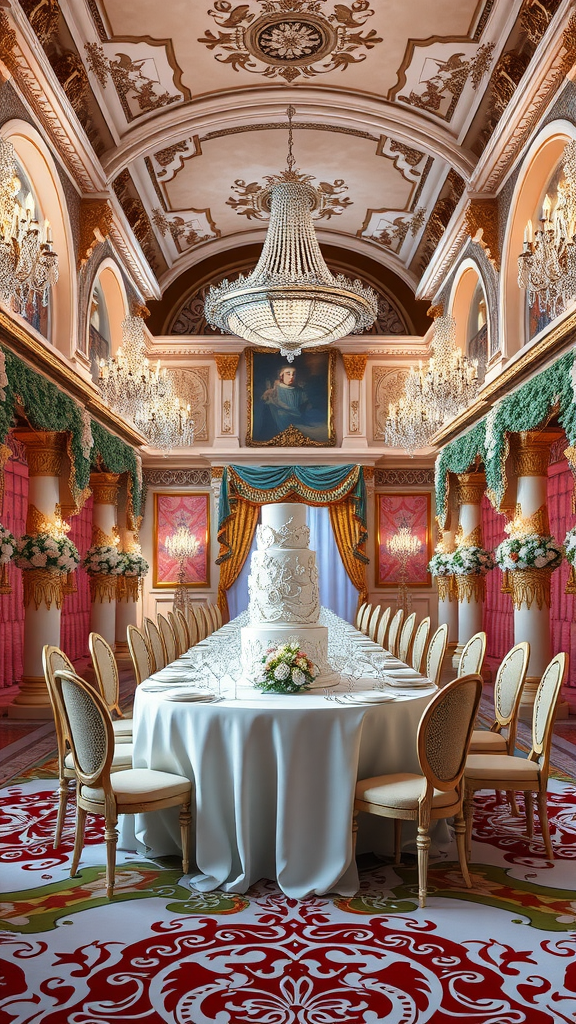 35 Rococo Wedding Inspiration Ideas That Will Make Your Heart Skip a Beat (Don't Miss #10!) An elegant Rococo-themed wedding reception setting with a grand table, chandelier, and ornate decorations.