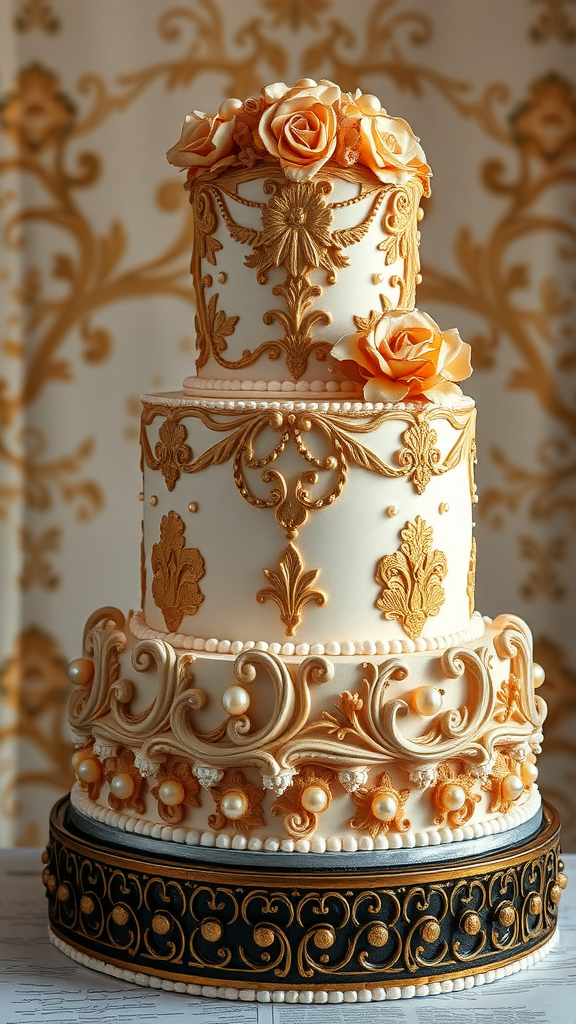 35 Rococo Wedding Inspiration Ideas That Will Make Your Heart Skip a Beat (Don't Miss #10!) Intricate Rococo wedding cake with golden decorations and roses