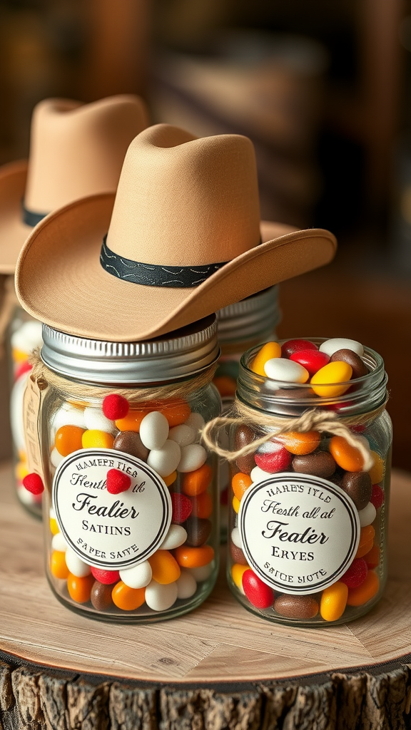 25 Creative Ideas for a Cowboy-Themed Wedding Celebration Mini cowboy hats on jars filled with colorful candies for a rodeo-themed wedding favor.