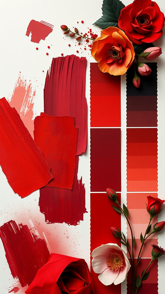 25 Enchanting Dark Romantic Wedding Ideas You’ll Love A collection of reds in paint swatches, accompanied by roses and floral elements, showcasing a romantic black and red color palette.