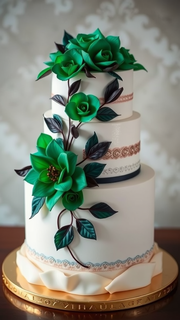 20 Enchanting Dark Romantic Wedding in Emerald Green Ideas Three-tiered wedding cake decorated with emerald green roses and delicate lace details.