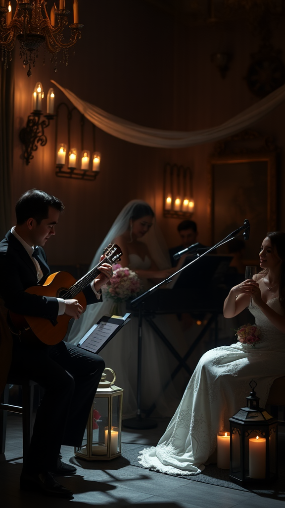 20 Enchanting Dark Romantic Wedding in Emerald Green Ideas A musician playing guitar at a romantic wedding with candles and elegant decor.