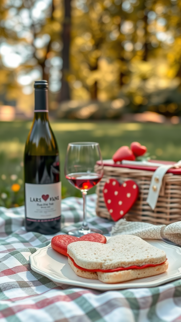 15 Romantic Valentine Lunch Ideas A romantic picnic setup with heart-shaped sandwiches, a bottle of wine, and strawberries. Valentine Lunch