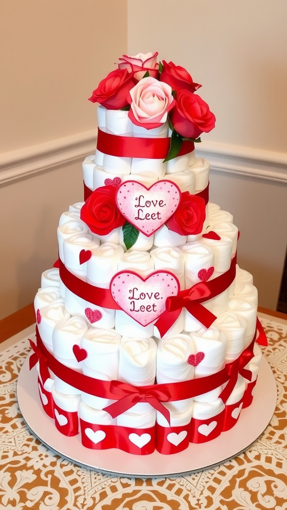 25 Creative Valentine Diaper Cakes A three-tiered cake made of rolled diapers, decorated with red roses, red ribbons, and heart motifs.