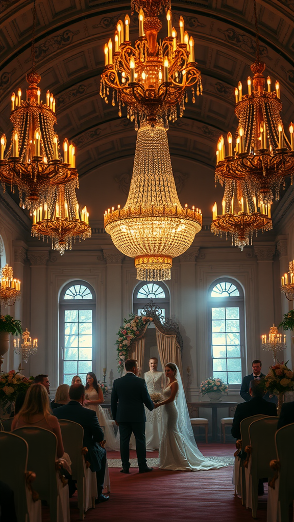 35 Rococo Wedding Inspiration Ideas That Will Make Your Heart Skip a Beat (Don't Miss #10!) A stunning Rococo wedding venue with large chandeliers, an altar, and guests seated in elegant surroundings.