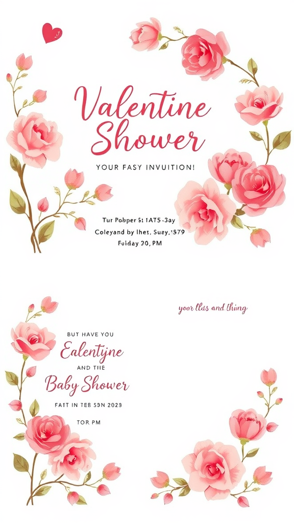 25 Lovely Valentine Baby Shower Ideas You’ll Love A beautifully designed invitation for a romantic baby shower featuring pink roses and hearts.