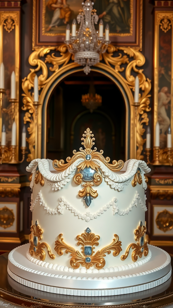 35 Exquisite Rococo Cakes for Your Next Celebration A beautifully designed Rococo cake featuring golden decorations and intricate designs, set against a backdrop of an ornate room with a chandelier.