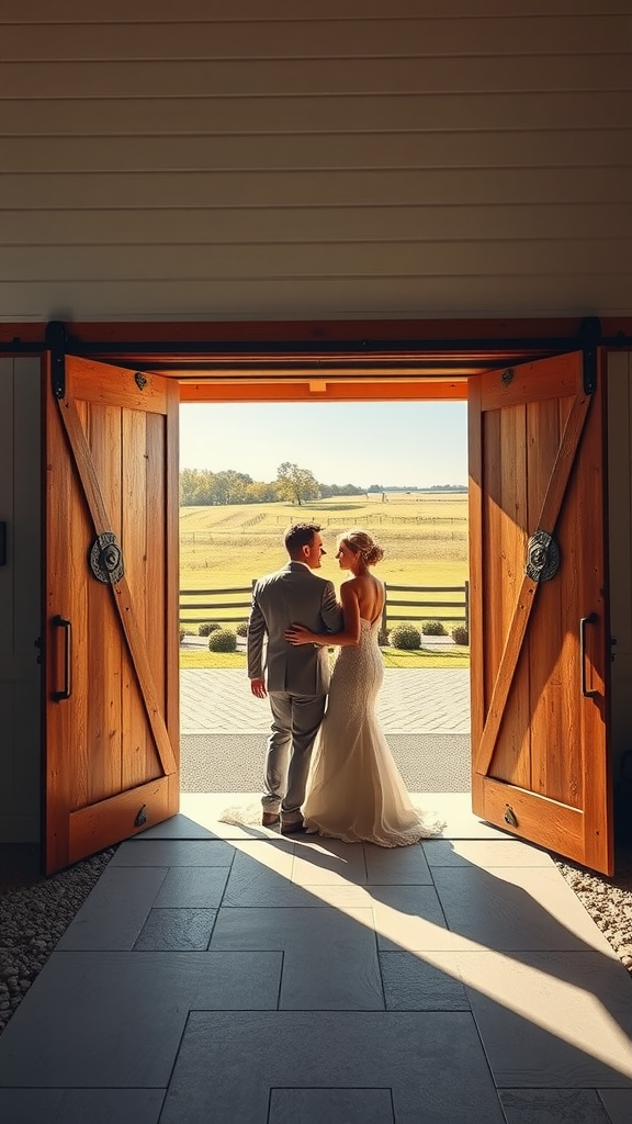 15 Creative Cowboy Wedding Entrance Ideas to Wow Your Guests A couple standing at open rustic barn doors, embracing and looking outside into a sunny landscape.
