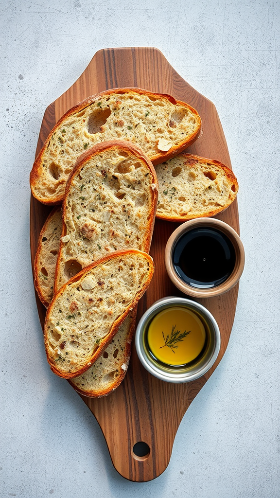15 Romantic Valentine Lunch Ideas Sliced rustic bread on a wooden board with two bowls of olive oil and balsamic vinegar.