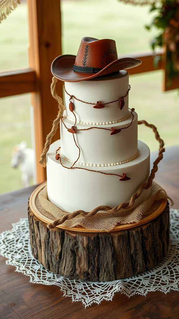 25 Cowboy Wedding Cake Ideas to Inspire Your Rustic Celebration A three-tier cowboy wedding cake featuring a mini cowboy hat, rope accents, and a rustic wooden base.