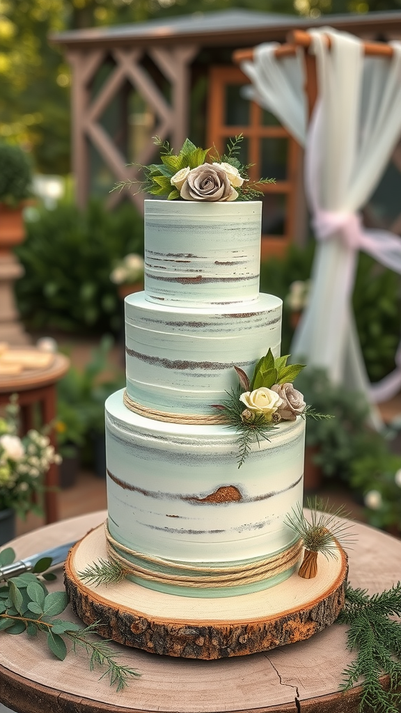 15 Elegant Sage Green Wedding Cake Ideas for Your Perfect Day A rustic sage green wedding cake adorned with flowers and greenery, displayed on a wooden slice.