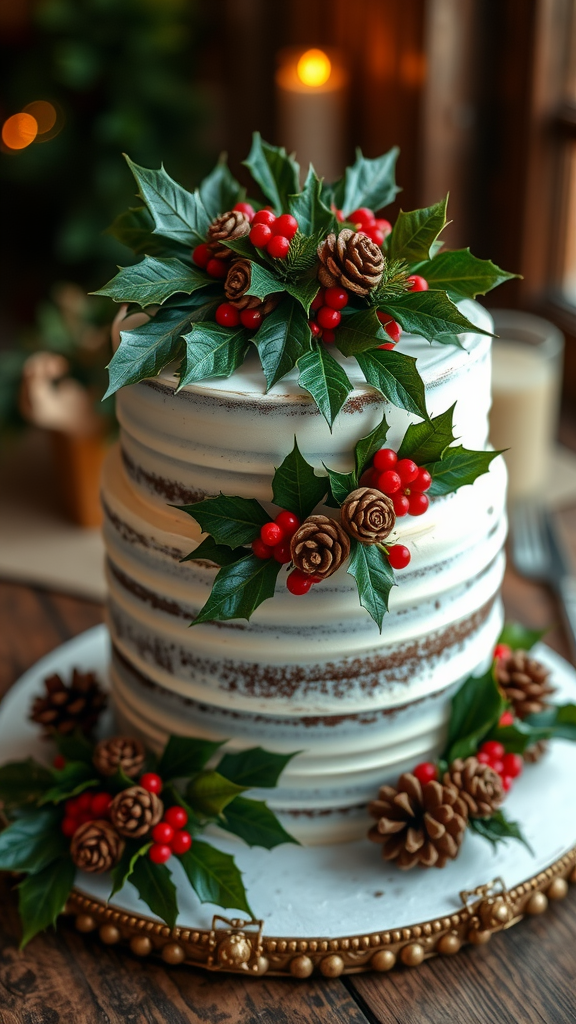 20 Festive Christmas Wedding Cakes and Cupcakes to Delight Your Guests A rustic three-tier wedding cake decorated with holly leaves, red berries, and pine cones, set against a cozy background with soft lighting.