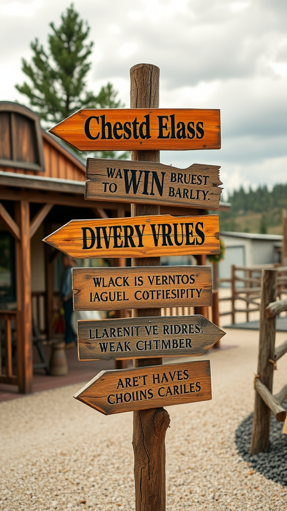 25 Creative Ideas for a Cowboy-Themed Wedding Celebration A wooden rustic signpost with multiple arrows pointing in different directions, each with hand-painted text.