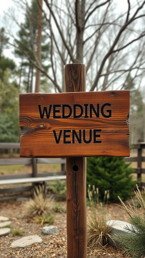 35 Earth Tone Wedding Ideas That'll Make Your Guests Go 'Wow!' (Don't Miss #10!) A rustic wooden wedding venue sign with black lettering in a natural setting
