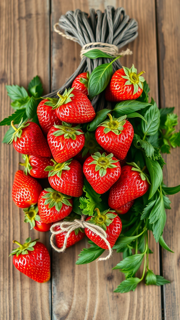 25 Creative Strawberry Centerpiece Ideas for Every Occasion A bundle of fresh strawberries and herbs tied together on a wooden surface.