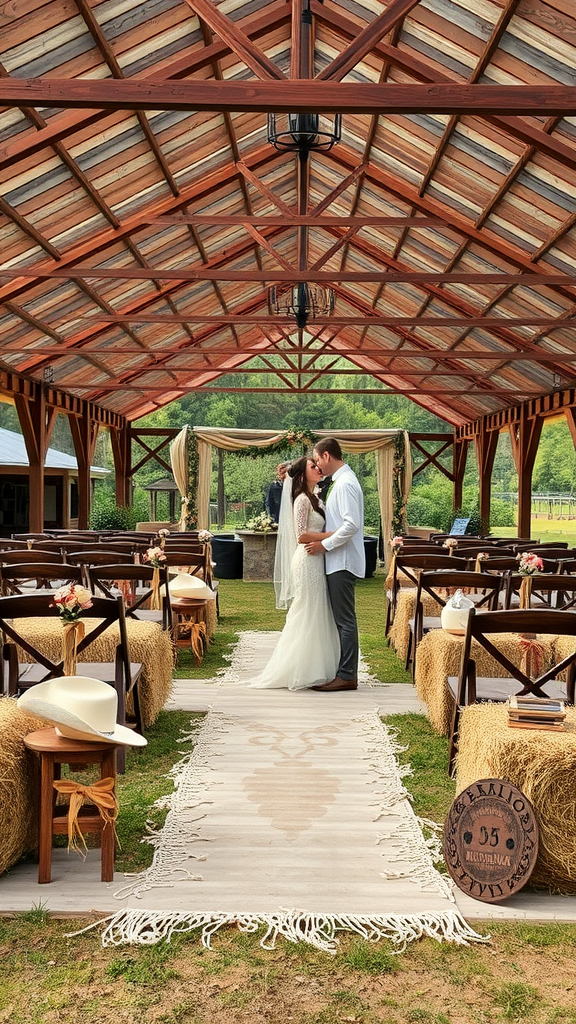 25 Creative Ideas for a Cowboy-Themed Wedding Celebration A couple kissing at a rustic wedding venue with wooden beams and hay bales