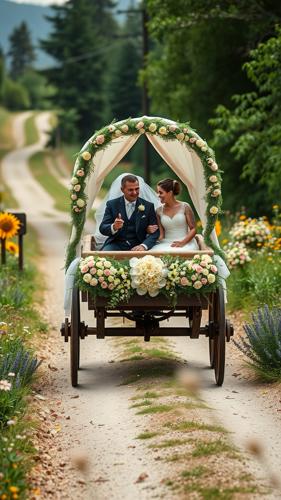 15 Creative Cowboy Wedding Entrance Ideas to Wow Your Guests A couple sits in a decorated rustic wagon on a tree-lined path, surrounded by flowers.