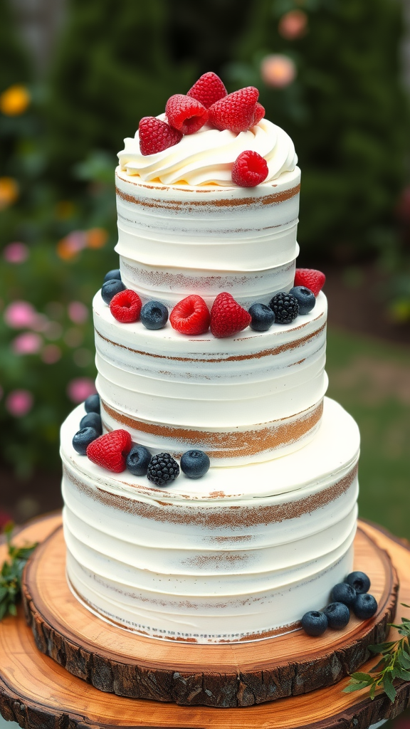 30 Themed Two-Tier Wedding Cakes That Are Totally Unique (Check Out #9!) A rustic two-tier wedding cake topped with whipped cream and fresh berries in a garden setting.