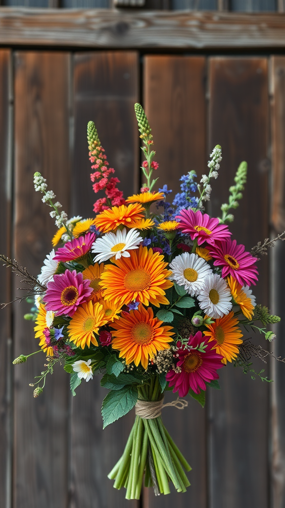 25 Cowboy Wedding Flowers That Will Make Planning a Breeze! A vibrant rustic wildflower bouquet featuring various colorful flowers against a wooden background.