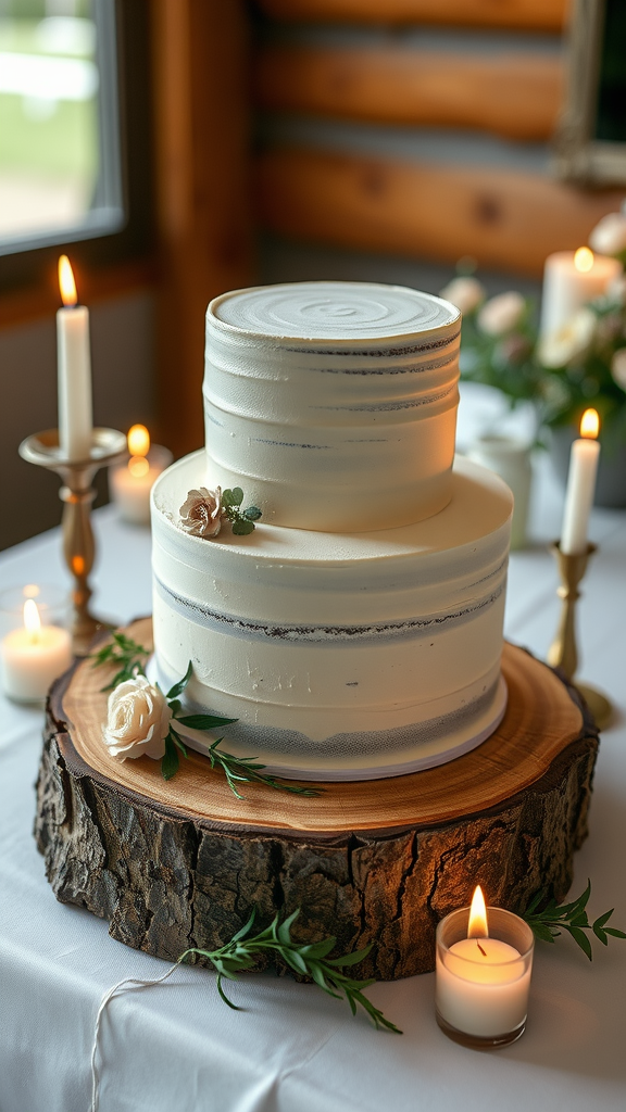 30 Themed Two-Tier Wedding Cakes That Are Totally Unique (Check Out #9!) A two-tier wedding cake on a rustic wood slice stand with candles and flowers around it.