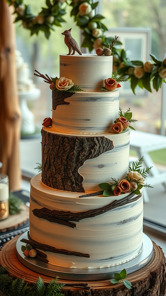 20 Enchanting Christmas Wedding Cake Ideas A multi-tiered rustic woodland themed cake with tree bark texture, decorated with flowers and a fox figurine on top.