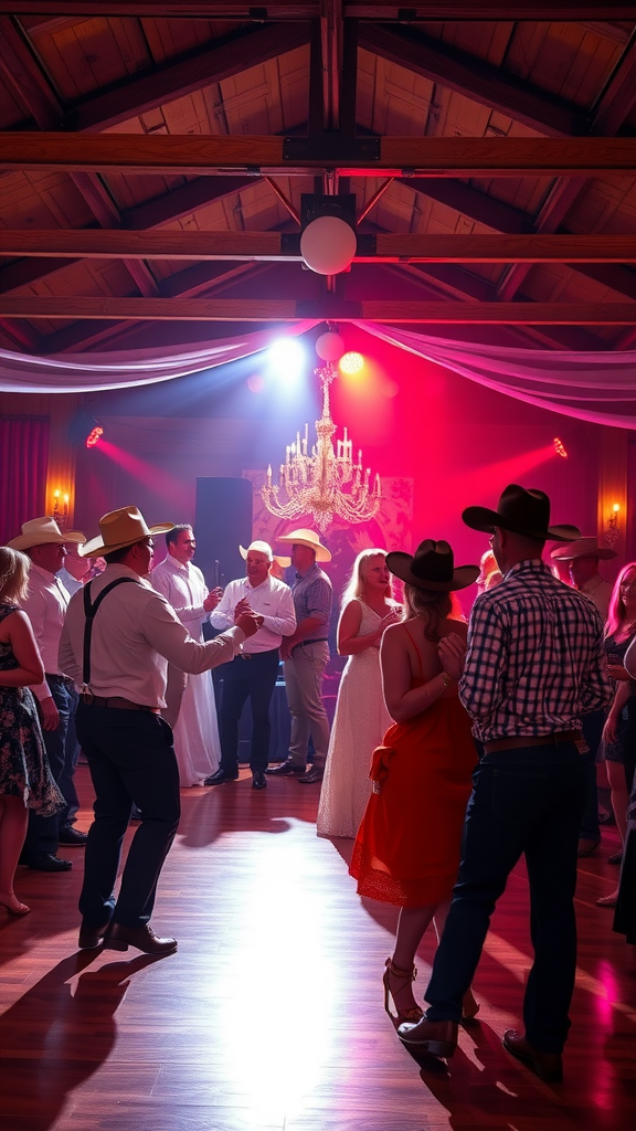25 Creative Ideas for a Cowboy-Themed Wedding Celebration A lively dance floor at a cowboy-themed wedding with guests in western attire, enjoying the celebration under a chandelier.