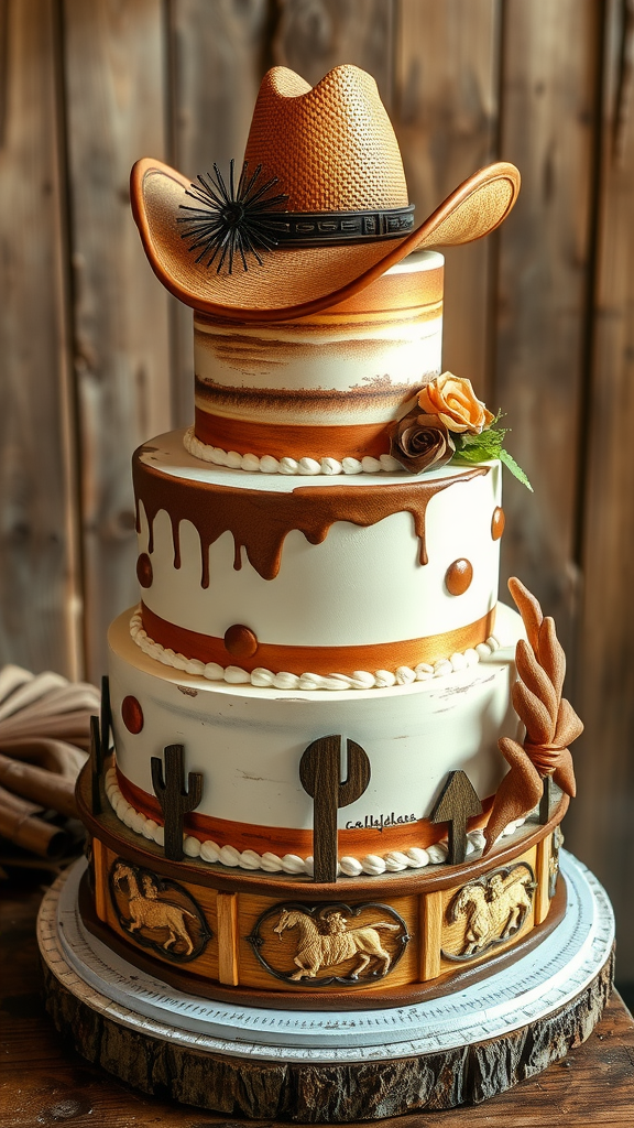 25 Cowboy Wedding Cake Ideas to Inspire Your Rustic Celebration A vintage cowboy wedding cake with a hat on top and rustic decorations.