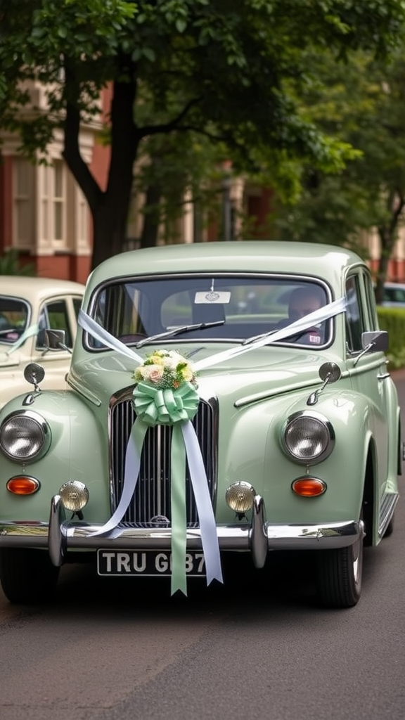 25 Enchanting Sage Green Wedding Ideas to Inspire Your Big Day A vintage sage green car decorated for a wedding
