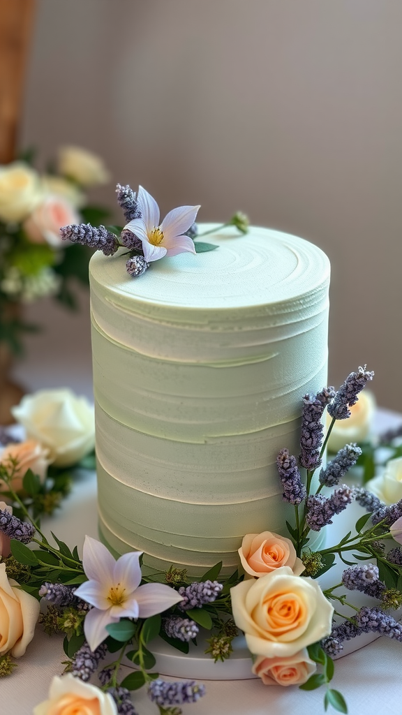 15 Elegant Sage Green Wedding Cake Ideas for Your Perfect Day A one-tier sage green wedding cake decorated with lavender flowers and peach roses.