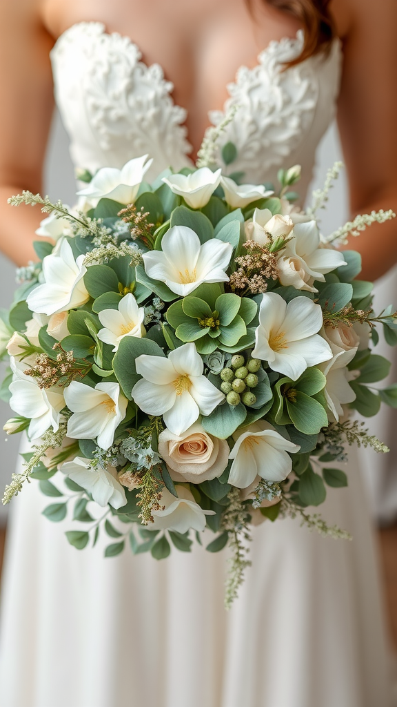 25 Enchanting Sage Green Wedding Ideas to Inspire Your Big Day Bridal bouquet with white flowers and sage green foliage