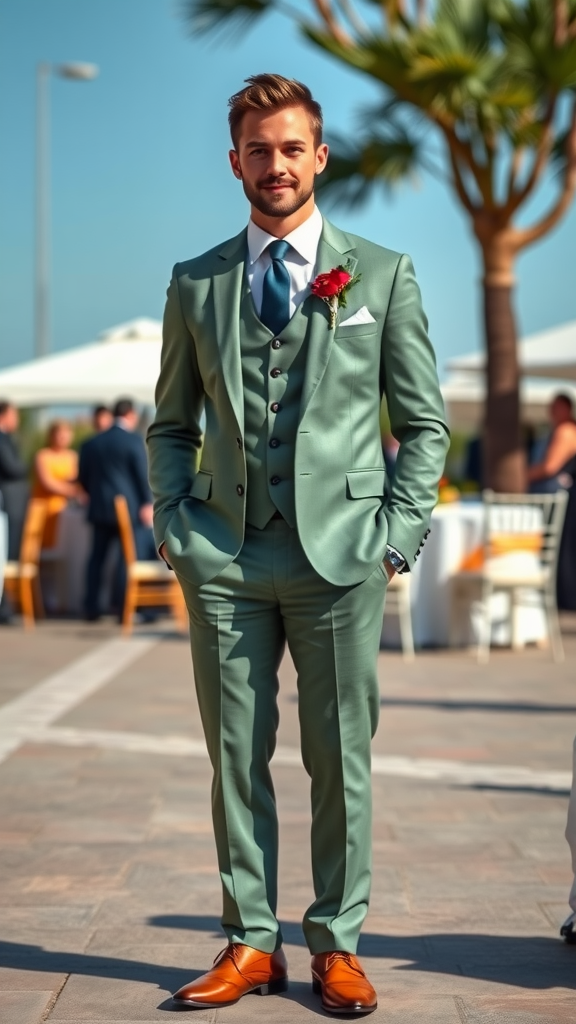 25 Enchanting Sage Green Wedding Ideas to Inspire Your Big Day A groom in a sage green suit with a red rose boutonniere, standing confidently at a wedding.