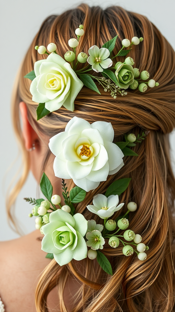 25 Enchanting Sage Green Wedding Ideas to Inspire Your Big Day A close-up view of a bride's hair adorned with sage green floral accessories.