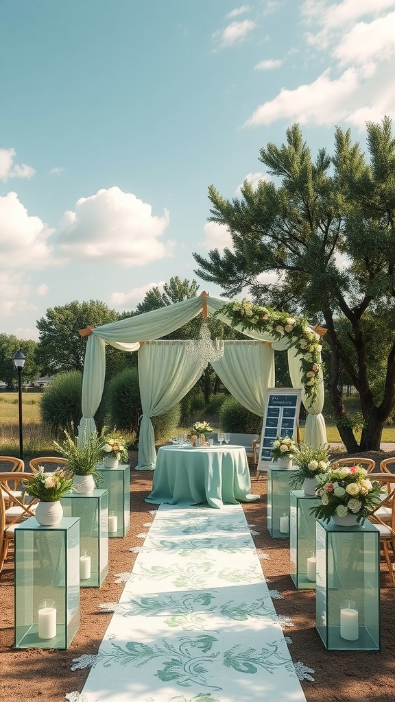 25 Enchanting Sage Green Wedding Ideas to Inspire Your Big Day A serene outdoor wedding setup with sage green decor, featuring a decorated altar, floral arrangements, and a candle-lit pathway.