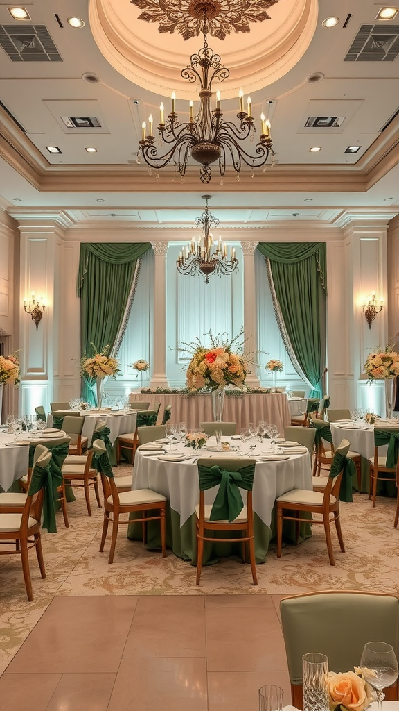 25 Enchanting Sage Green Wedding Ideas to Inspire Your Big Day Elegant reception decor featuring sage green accents with round tables, floral arrangements, and a chandelier.