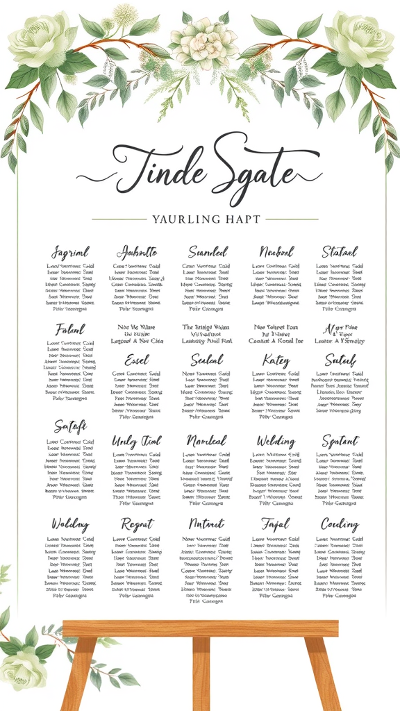 25 Enchanting Sage Green Wedding Ideas to Inspire Your Big Day A beautifully designed seating chart in sage green with floral accents, listing names and tables for an event.