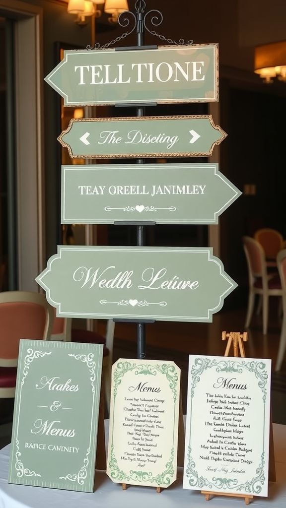25 Enchanting Sage Green Wedding Ideas to Inspire Your Big Day A decorative display of sage green signage showing directions and menus