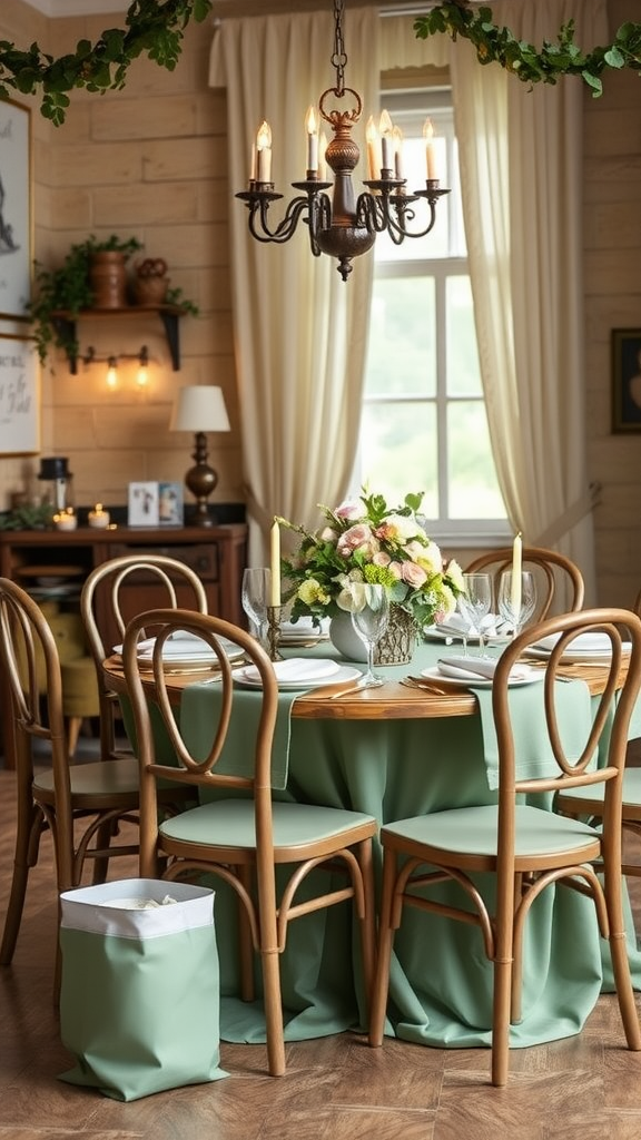 25 Enchanting Sage Green Wedding Ideas to Inspire Your Big Day A dining table set with sage green tablecloth and flowers, surrounded by wooden chairs and a chandelier.