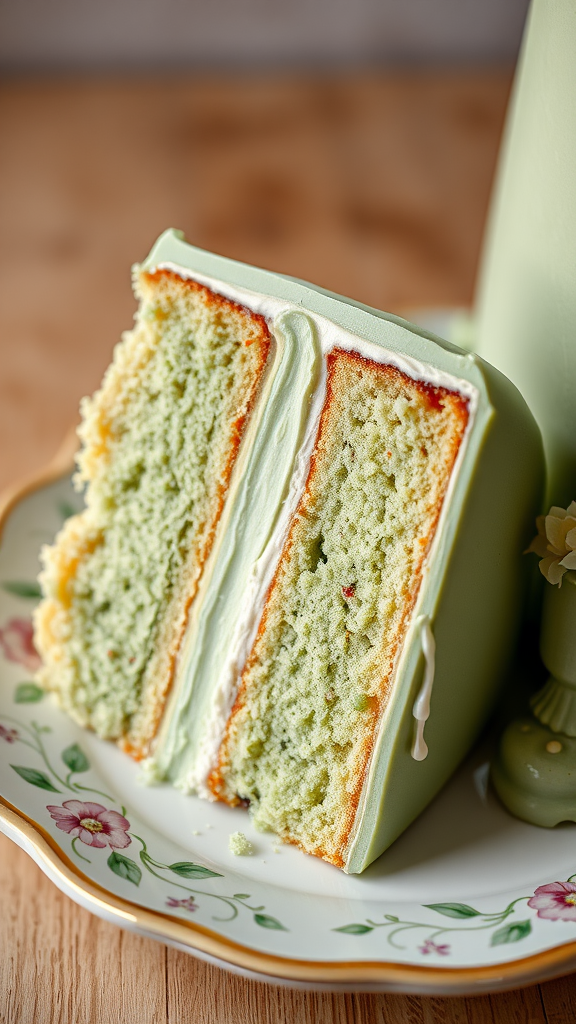 15 Elegant Sage Green Wedding Cake Ideas for Your Perfect Day A beautifully cut sage green wedding cake on a floral plate, showcasing its fluffy layers and delicious fillings.