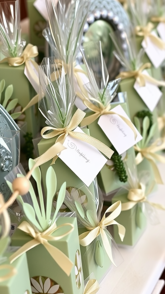 25 Enchanting Sage Green Wedding Ideas to Inspire Your Big Day Beautifully arranged sage green wedding favors with ribbons and tags